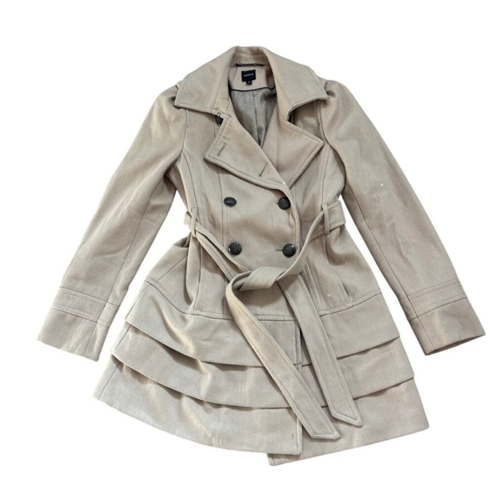 Express Wool Blend Trench Coat Tiered Ruffle Hem Preppy Academia‎ M